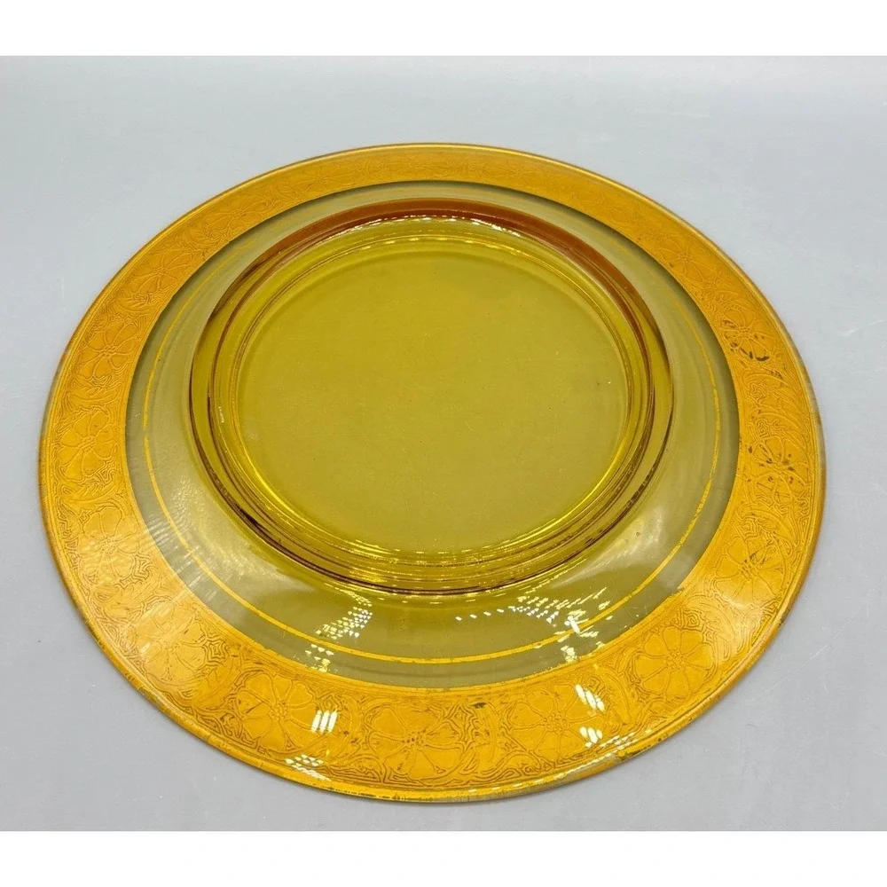 Vintage Glass Plate Gold Encrusted Floral Rim 7.25 Inch Yellow‎